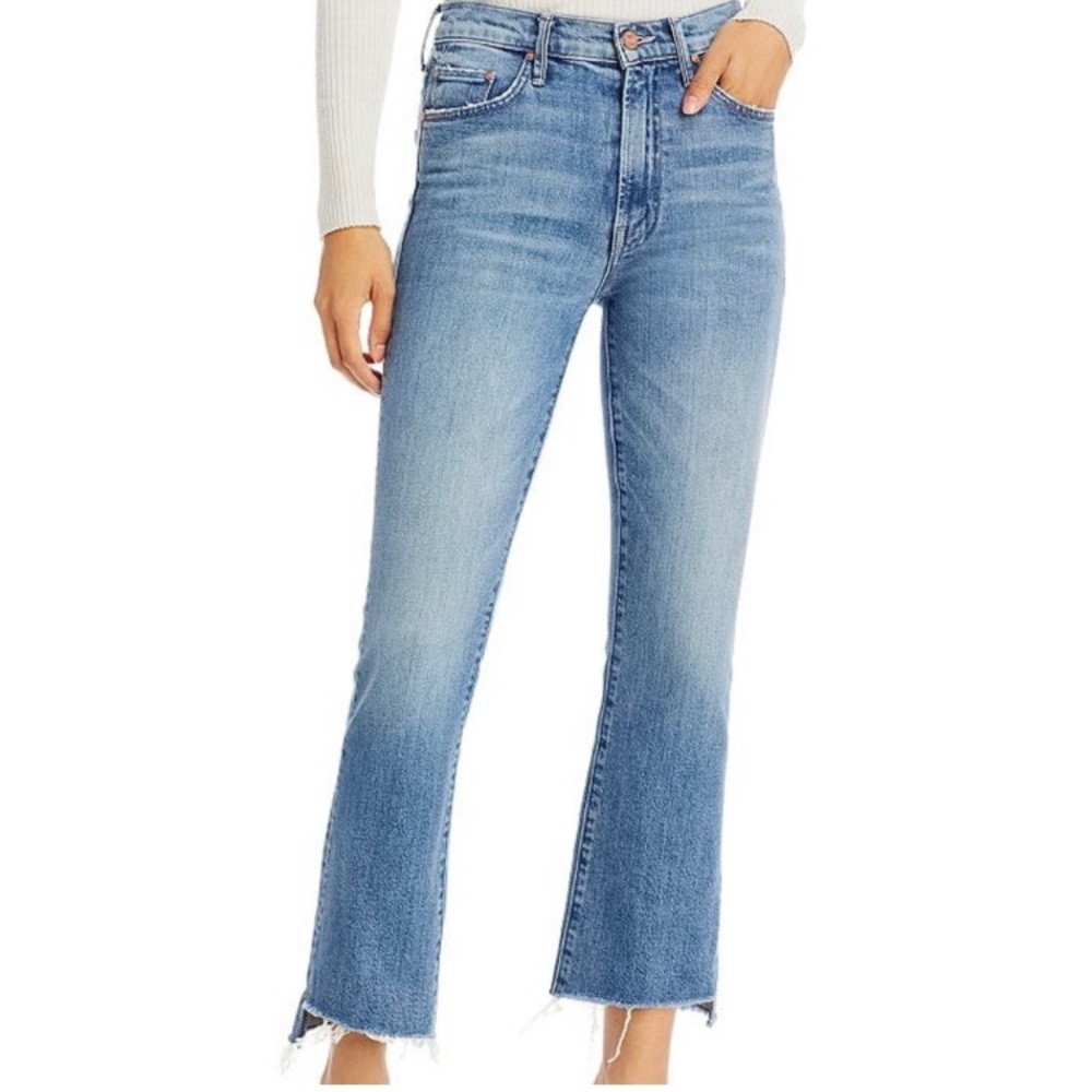 MOTHER Insider Crop Step Fray Good Girls Race Pink Stripe Raw Hem Jeans Size 26
